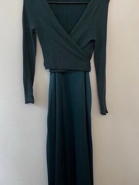 Daily Practice Dark Teal Blue Two Piece Satin Dress Wrap Sweater Matching Set